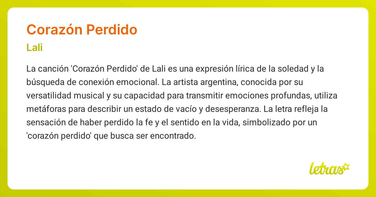 Significado de la canción CORAZÓN PERDIDO (Lali) - LETRAS.COM