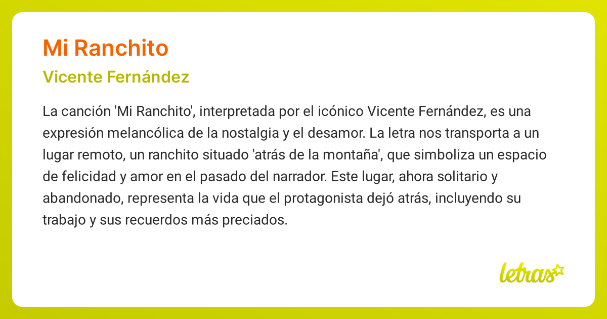 Significado de la canción MI RANCHITO (Vicente Fernández) - LETRAS.COM