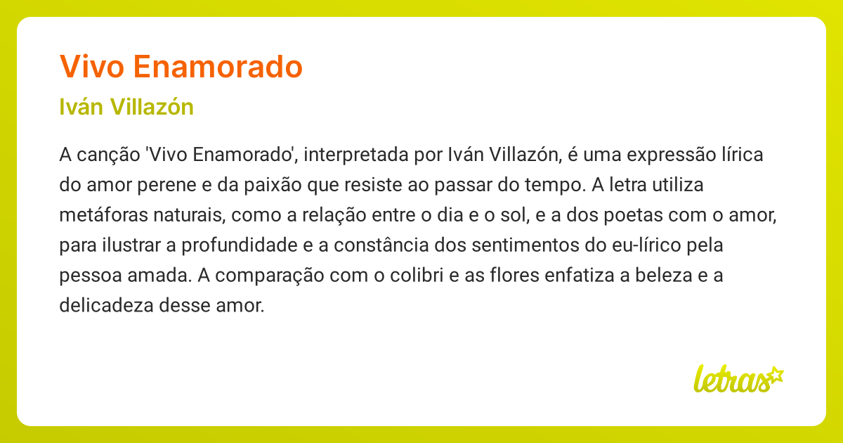 Significado da música VIVO ENAMORADO (Iván Villazón) - LETRAS.MUS.BR