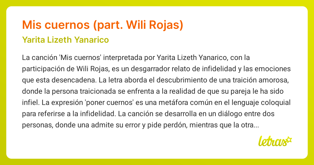 Significado de la canción MIS CUERNOS (PART. WILI ROJAS) (Yarita Lizeth ...