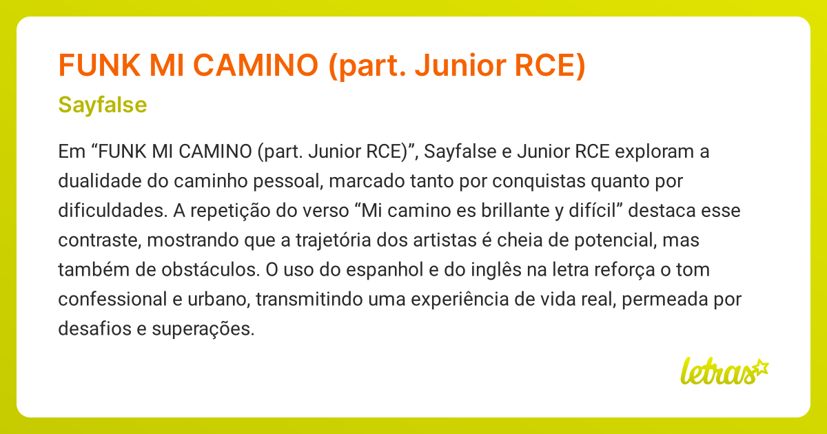 Significado da música FUNK MI CAMINO (part. Junior RCE) (Sayfalse ...