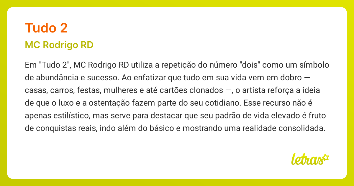 Significado da música TUDO 2 (MC Rodrigo RD) - LETRAS.MUS.BR