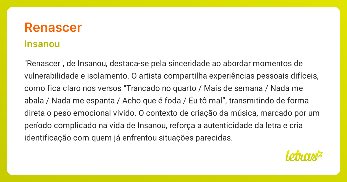 Significado da música RENASCER (Insanou) - LETRAS.MUS.BR