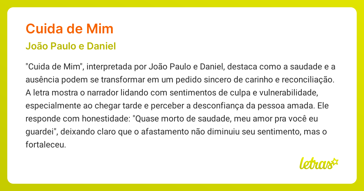 Significado da música CUIDA DE MIM (João Paulo e Daniel) - LETRAS.MUS.BR
