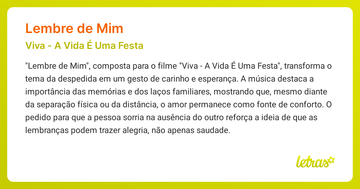 Significado da música LEMBRE DE MIM (Viva A Vida É Uma Festa
