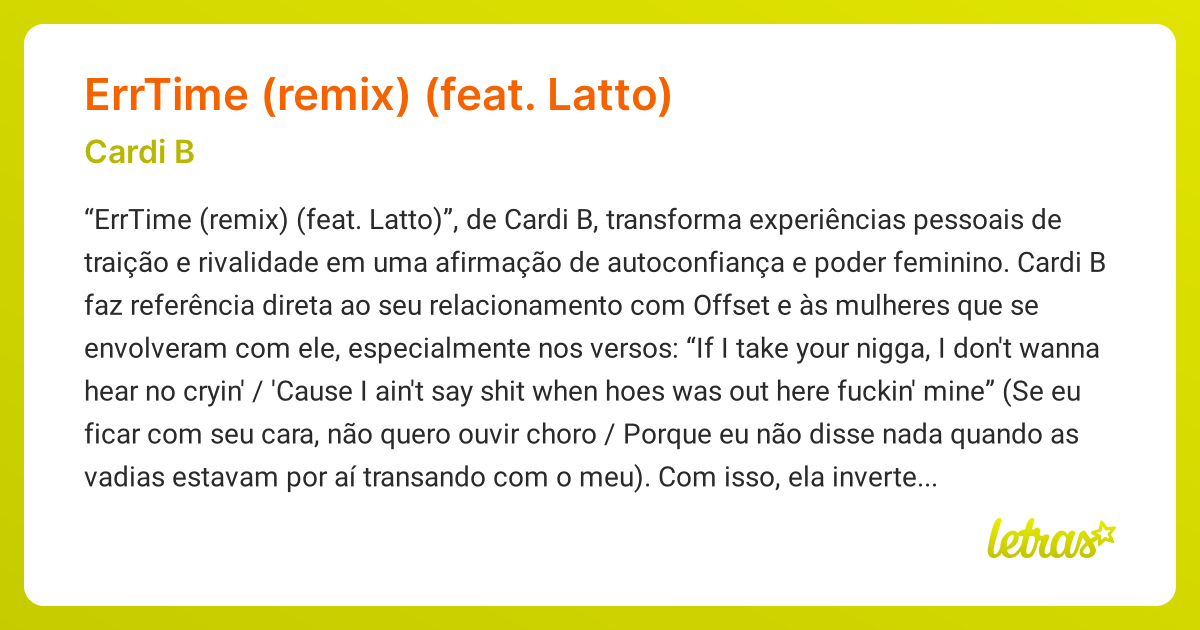 Significado da música ERRTIME (REMIX) (FEAT. LATTO) (Cardi B) - LETRAS ...