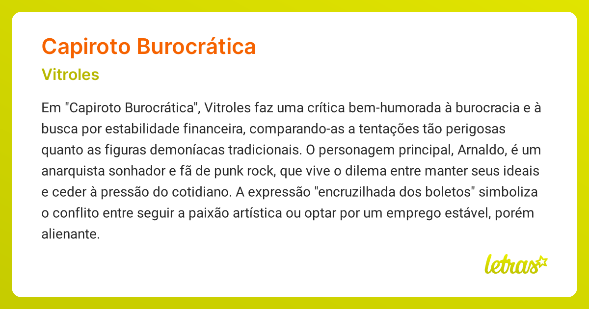 Significado da música CAPIROTO BUROCRÁTICA (Vitroles) - LETRAS.MUS.BR