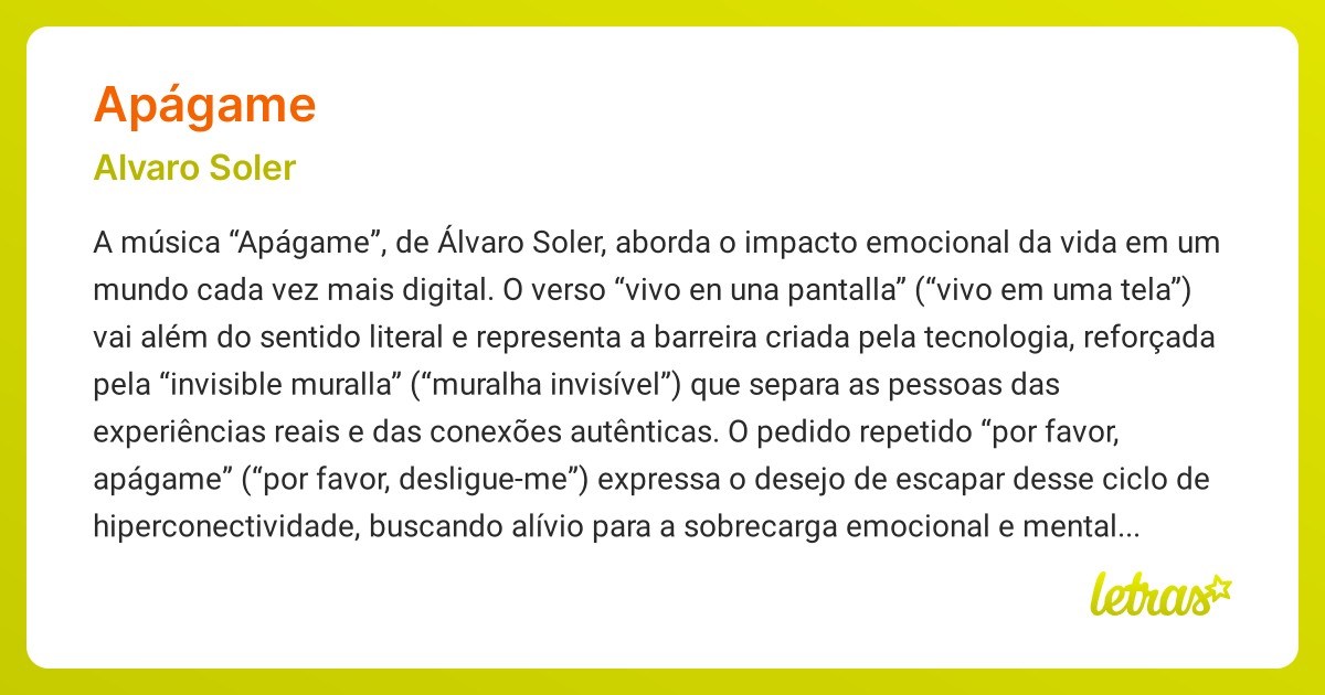 Significado da música APÁGAME (Alvaro Soler) - LETRAS.MUS.BR