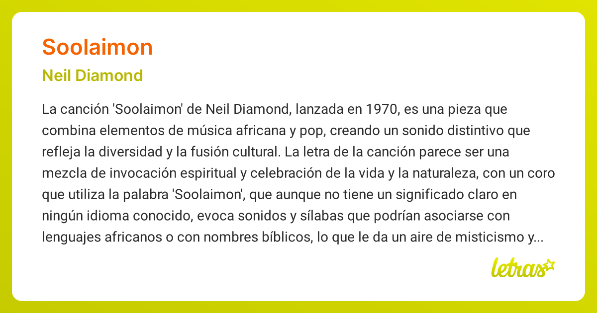 Significado de la canción SOOLAIMON (Neil Diamond) - LETRAS.COM