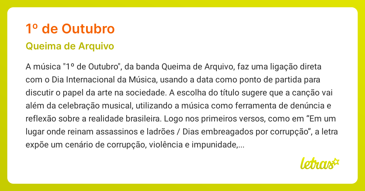 Significado da música 1º DE OUTUBRO (Queima de Arquivo) - LETRAS.MUS.BR