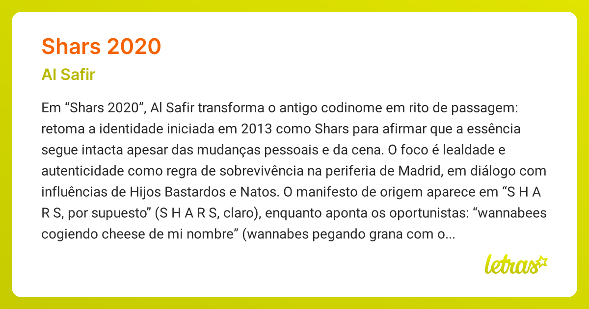 Significado da música SHARS 2020 (Al Safir) - LETRAS.MUS.BR
