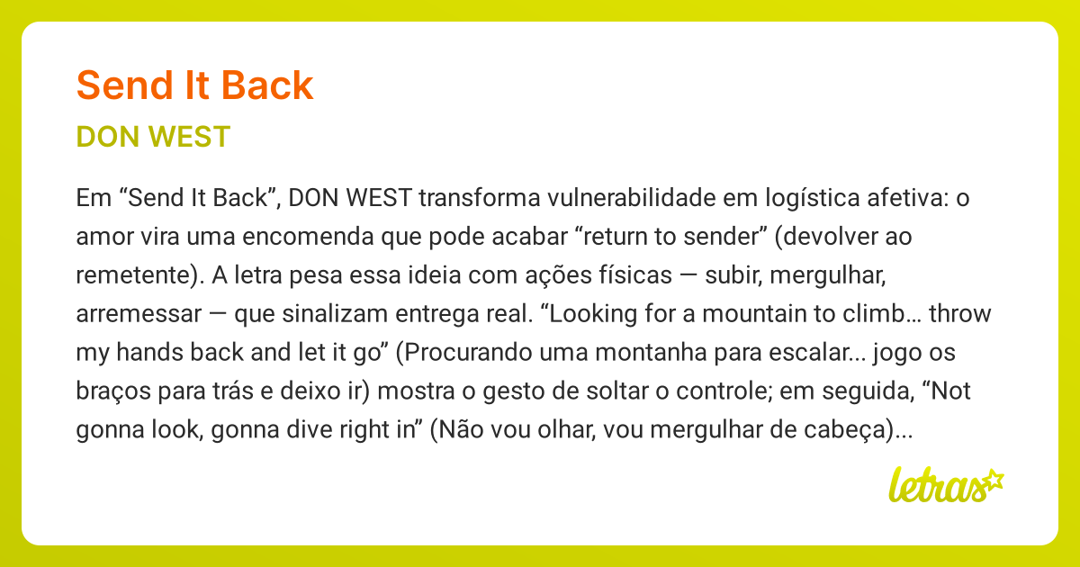 Significado da música SEND IT BACK (DON WEST) - LETRAS.MUS.BR