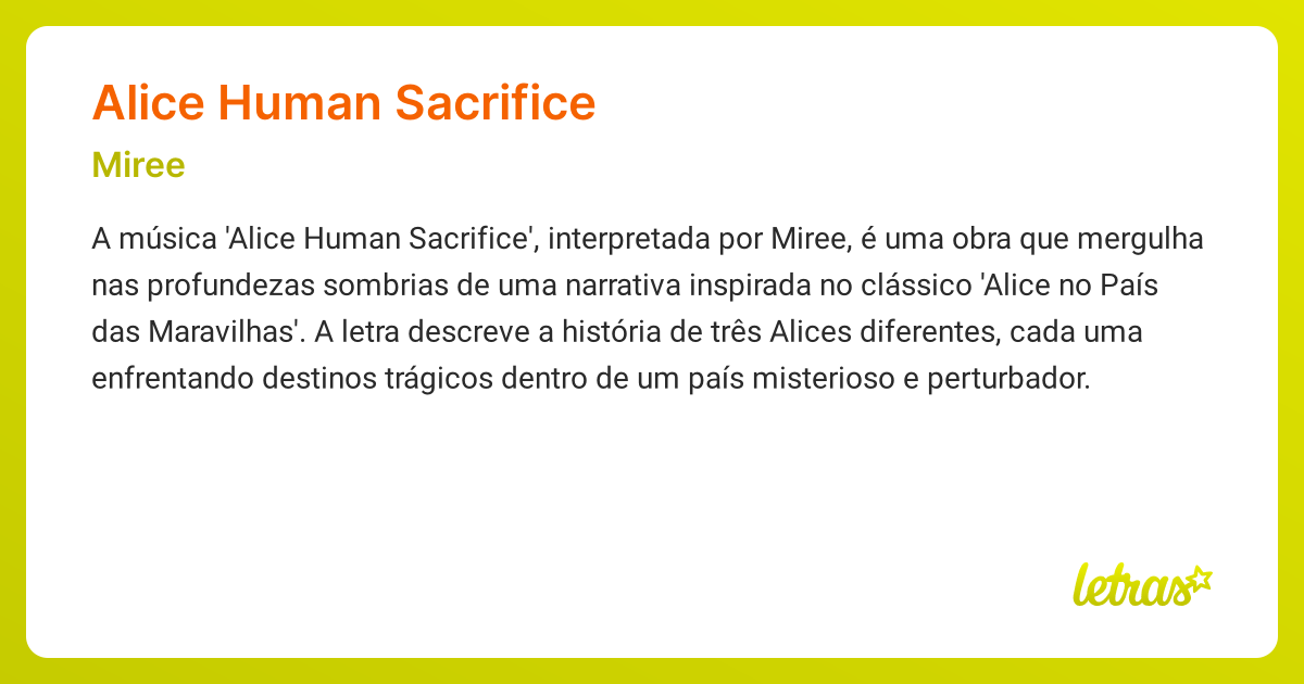 Significado da música ALICE HUMAN SACRIFICE (Miree) - LETRAS.MUS.BR
