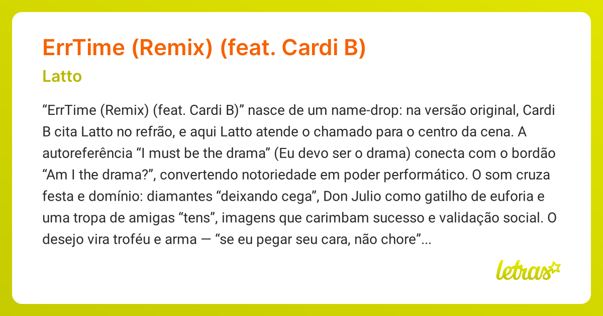Significado da música ErrTime (Remix) (feat. Cardi B) (Latto) - LETRAS ...