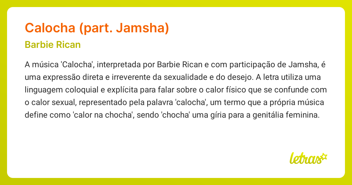 Significado da música CALOCHA (PART. JAMSHA) (Barbie Rican) - LETRAS.MUS.BR