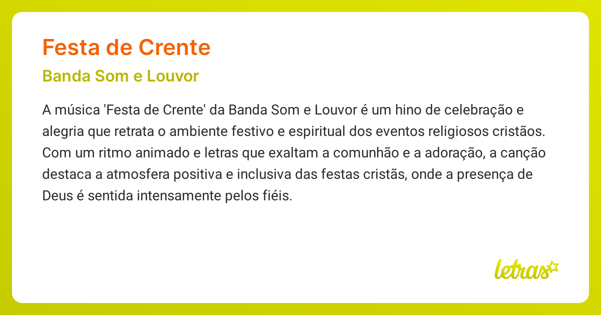 Significado da música FESTA DE CRENTE (Banda Som e Louvor) - LETRAS.MUS.BR