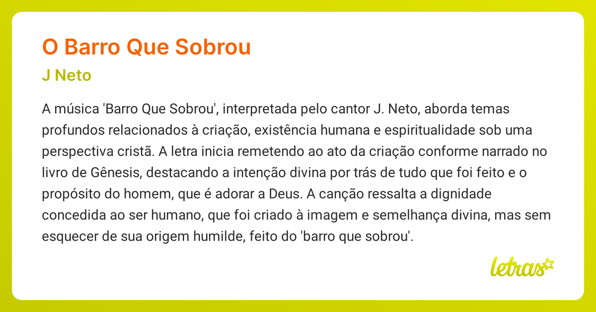 Significado da música O BARRO QUE SOBROU (J Neto) - LETRAS.MUS.BR