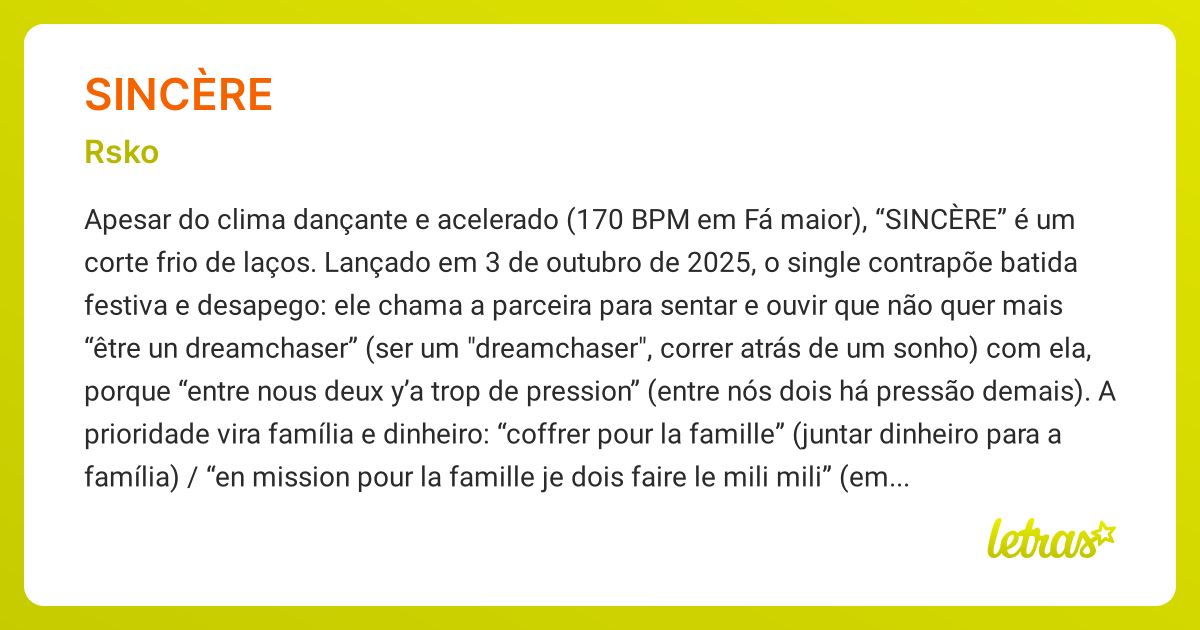 Significado da música SINCÈRE (Rsko) - LETRAS.MUS.BR