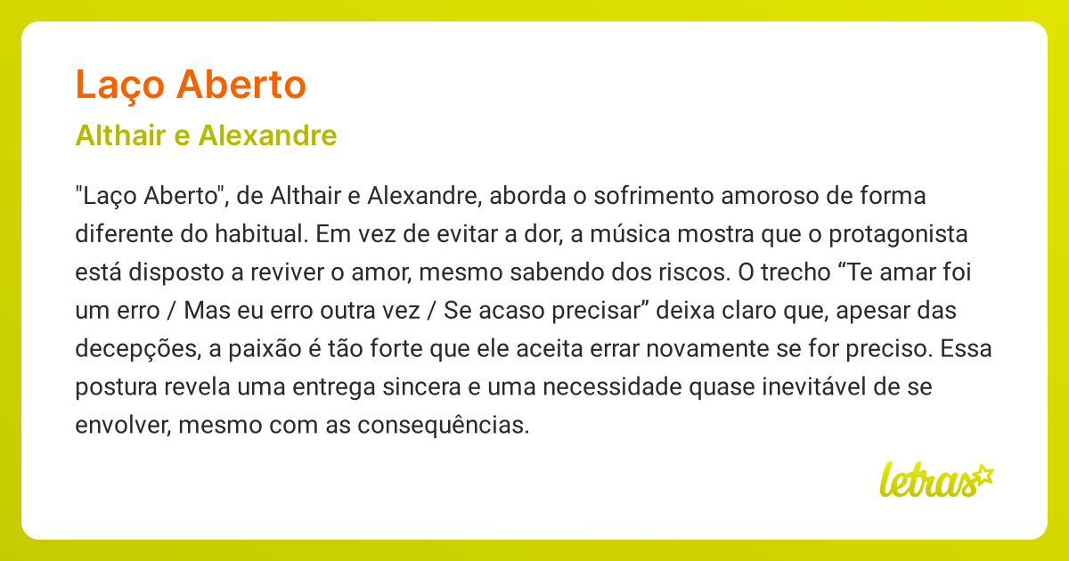 Significado da música LAÇO ABERTO (Althair e Alexandre) - LETRAS.MUS.BR