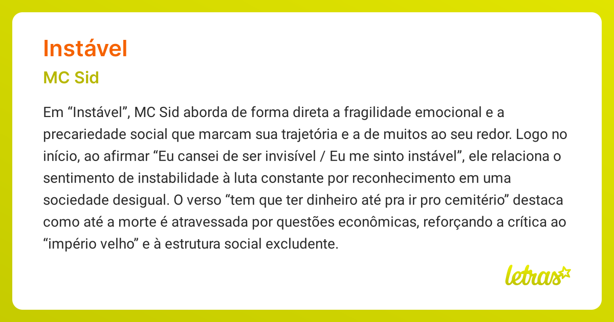 Significado da música INSTÁVEL (MC Sid) - LETRAS.MUS.BR