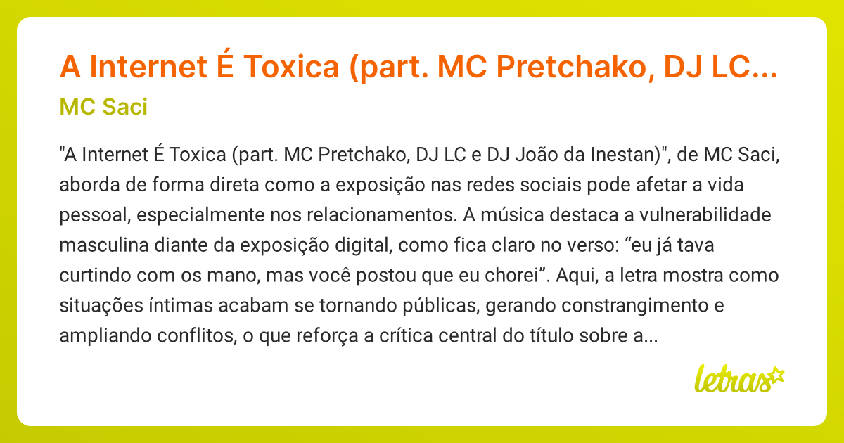 Significado da música A Internet É Toxica (part. MC Pretchako, DJ LC e ...