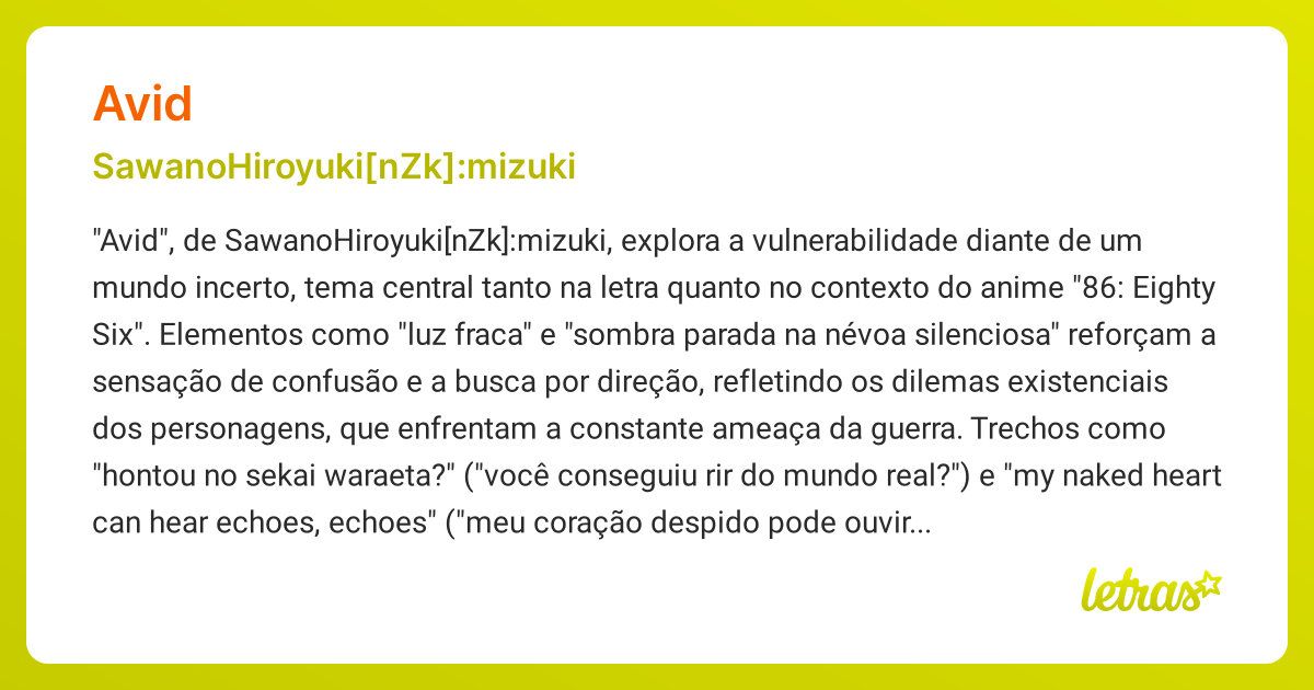 ᕱ⑅ᕱページ Significado da música AVID (SawanoHiroyuki[nZk]:mizuki) - LETRAS