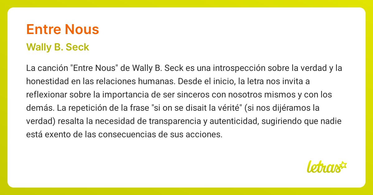 Significado de la canción ENTRE NOUS (Wally B. Seck) - LETRAS.COM