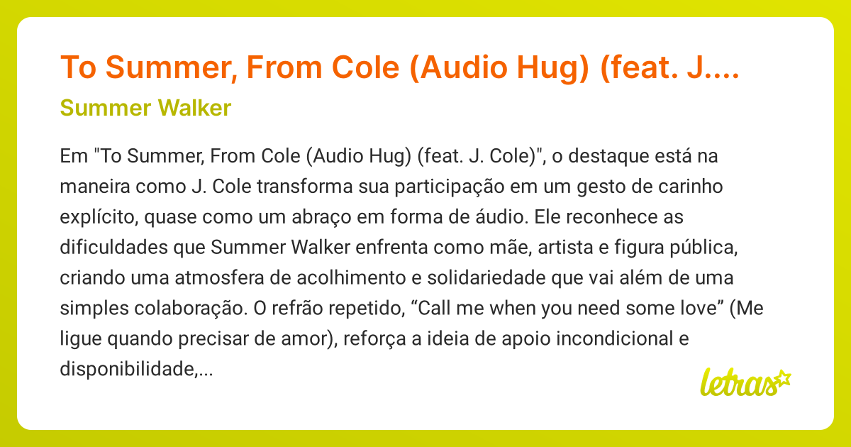 Significado da música To Summer, From Cole (Audio Hug) (feat. J. Cole ...