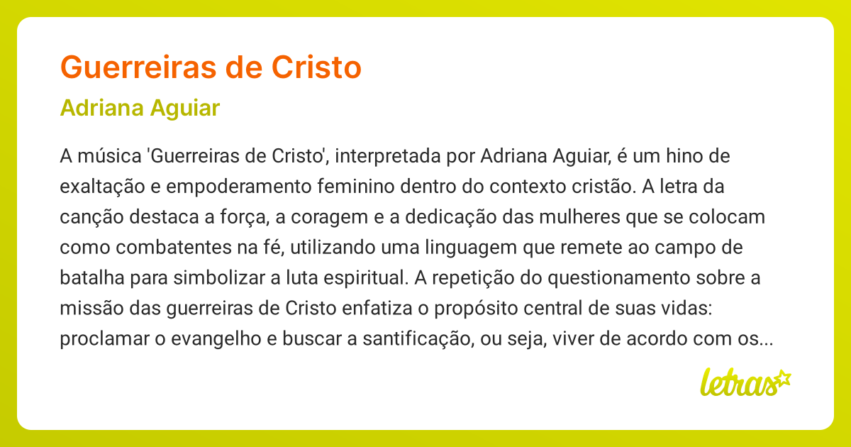 Significado da música GUERREIRAS DE CRISTO (Adriana Aguiar) - LETRAS.MUS.BR