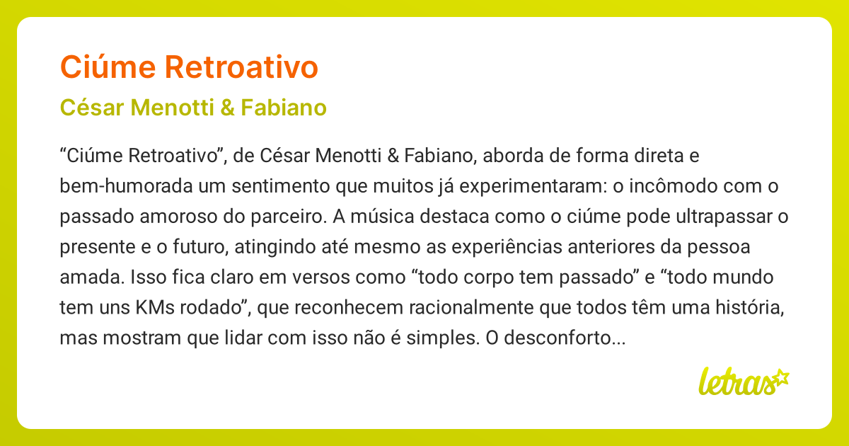 Significado da música CIÚME RETROATIVO (César Menotti & Fabiano ...