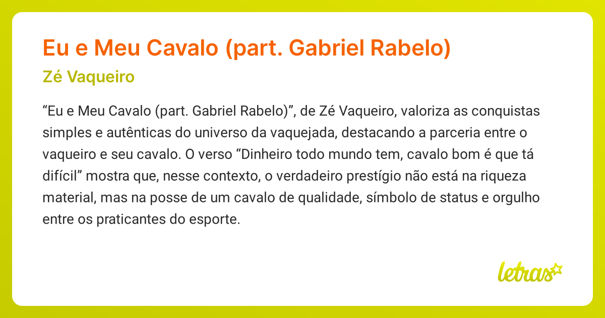 Significado da música Eu e Meu Cavalo (part. Gabriel Rabelo) (Zé ...