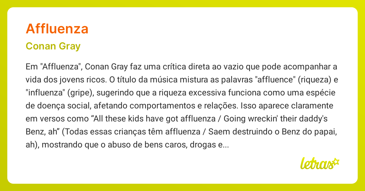 Significado da música AFFLUENZA (Conan Gray) - LETRAS.MUS.BR