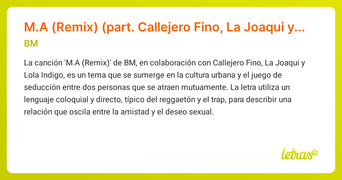 Significado de la canción M.A (Remix) (part. Callejero Fino, La Joaqui ...