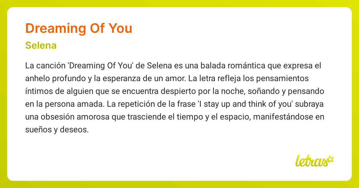 Significado de la canción DREAMING OF YOU (Selena) - LETRAS.COM