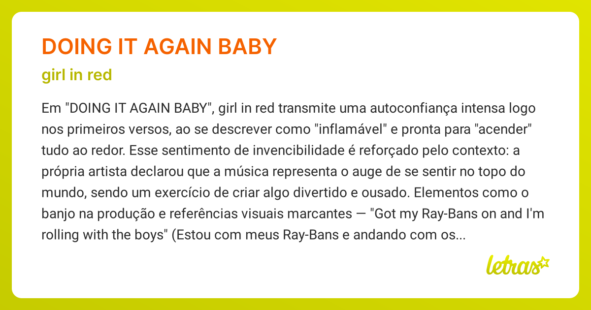 Significado da música DOING IT AGAIN BABY (girl in red) - LETRAS