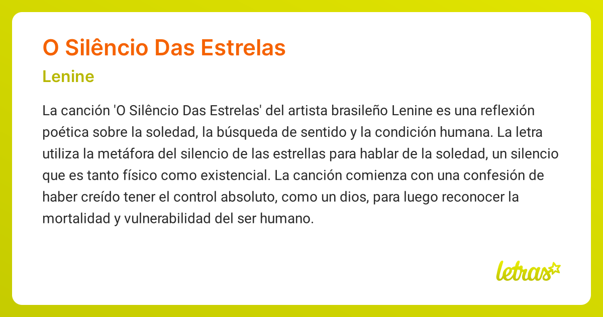 Significado de la canción O SILÊNCIO DAS ESTRELAS (Lenine) - LETRAS.COM