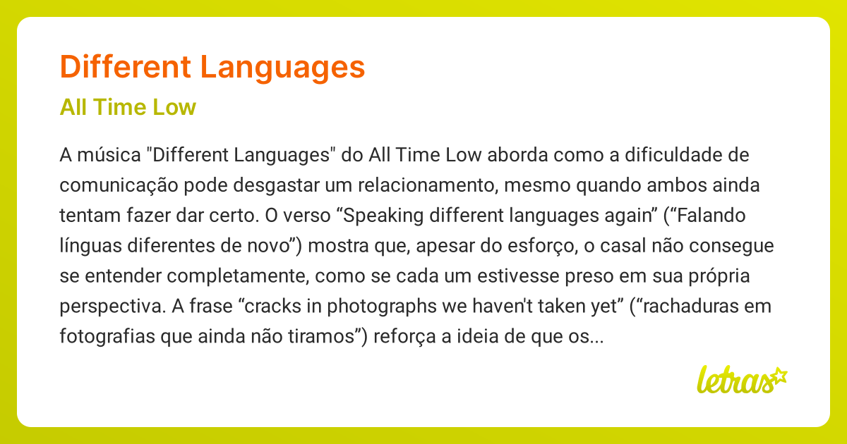 Significado da música DIFFERENT LANGUAGES (All Time Low) - LETRAS.MUS.BR