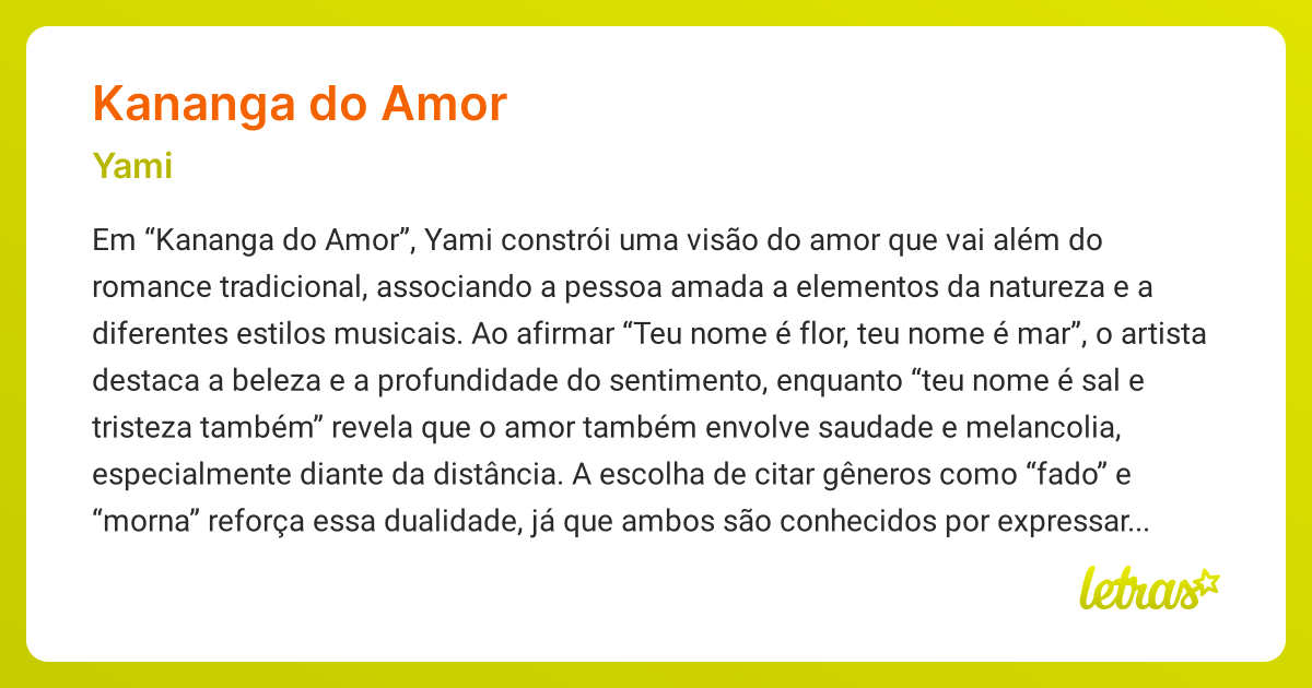 Significado da música KANANGA DO AMOR (Yami) - LETRAS.MUS.BR
