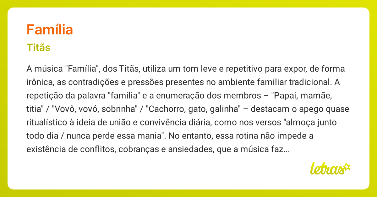 Significado da música FAMÍLIA (Titãs) - LETRAS.MUS.BR