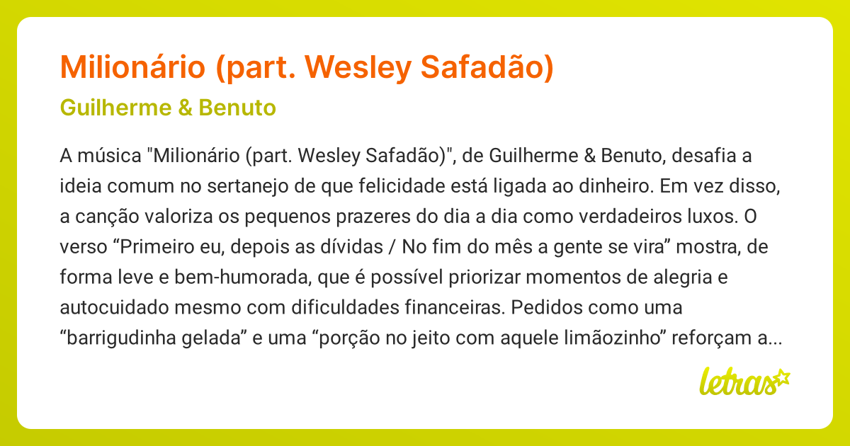 Significado Da Música Milionário Part Wesley Safadão Guilherme