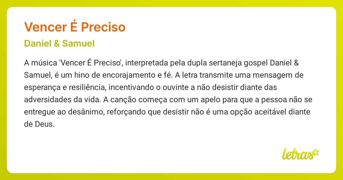 Significado da música VENCER É PRECISO (Daniel & Samuel) - LETRAS.MUS.BR