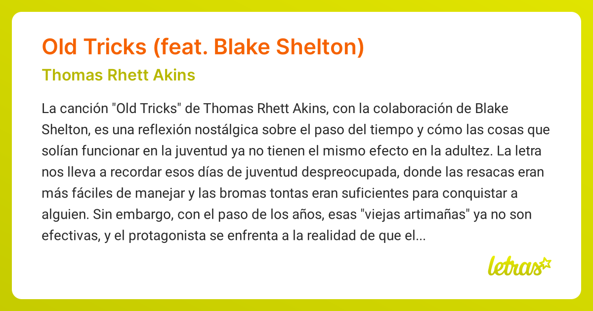 Significado de la canción Old Tricks (feat. Blake Shelton) (Thomas ...