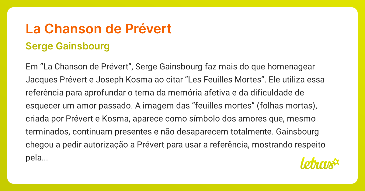 Significado da música LA CHANSON DE PRÉVERT (Serge Gainsbourg) LETRAS