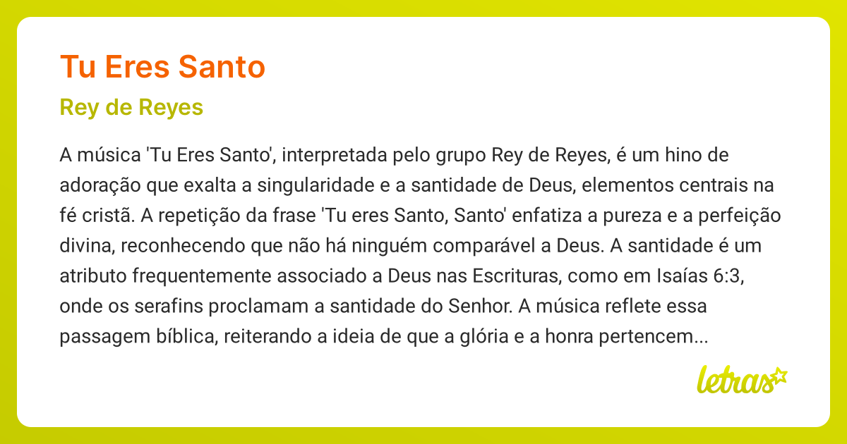 Significado da música TU ERES SANTO (Rey de Reyes) - LETRAS.MUS.BR