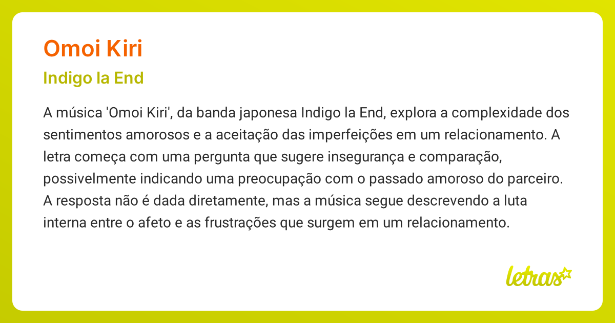 Significado da música OMOI KIRI (Indigo la End) - LETRAS.MUS.BR