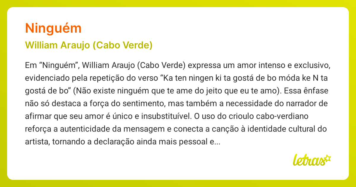 Significado da música NINGUÉM (William Araujo (Cabo Verde)) - LETRAS.MUS.BR