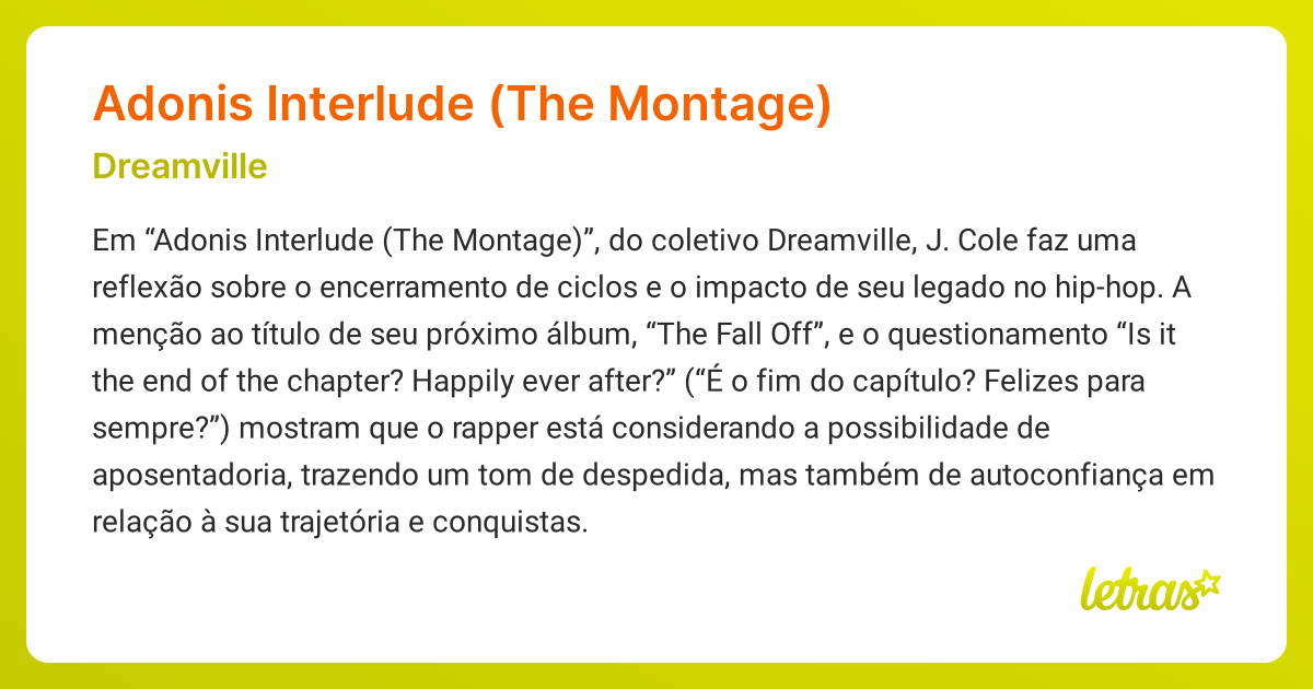 Significado da música ADONIS INTERLUDE (THE MONTAGE) (Dreamville ...