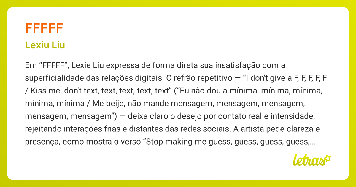 Significado da música FFFFF (Lexiu Liu) - LETRAS.MUS.BR