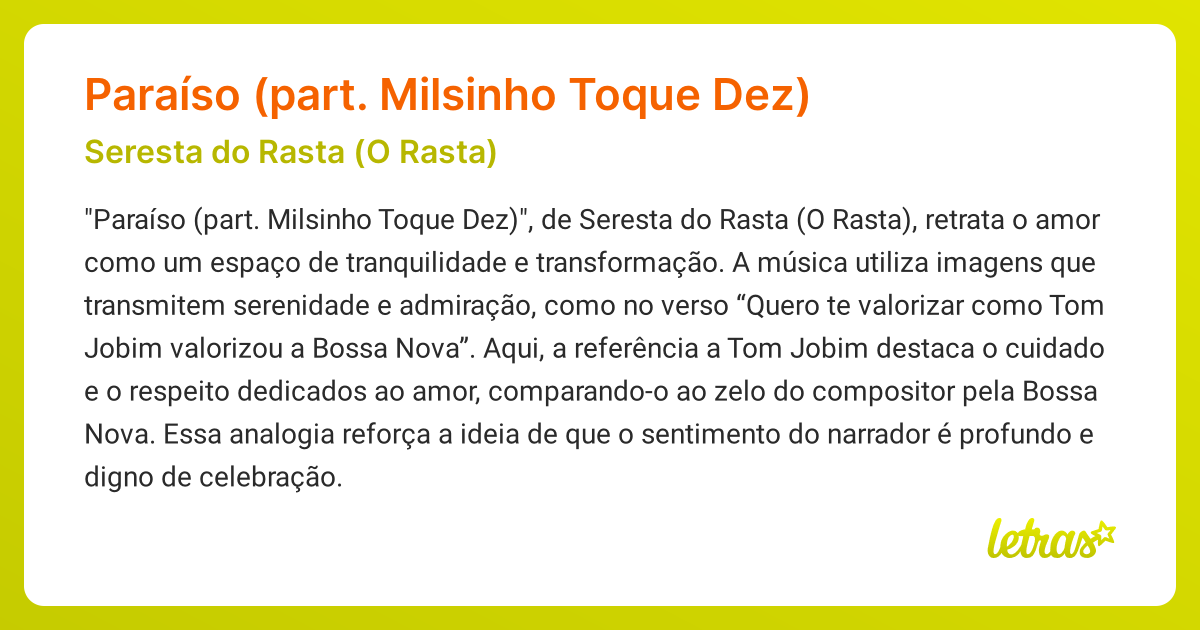 Significado da música Paraíso (part. Milsinho Toque Dez) (Seresta do ...