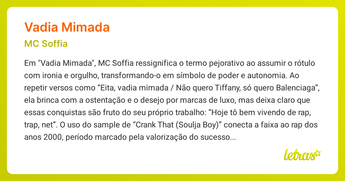Significado da música VADIA MIMADA (MC Soffia) - LETRAS.MUS.BR